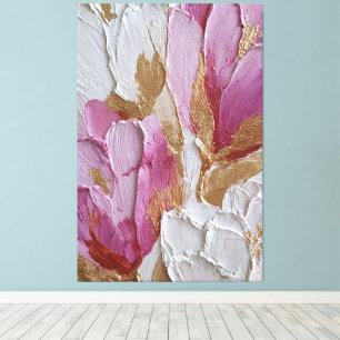 Abstrakte rosa und weiße Blumen mit goldener Textu Leinwanddruck