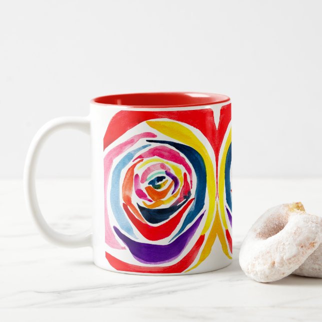 Abstrakte Rose Aquarellkunst Pop Zweifarbige Tasse (Mit Donut)