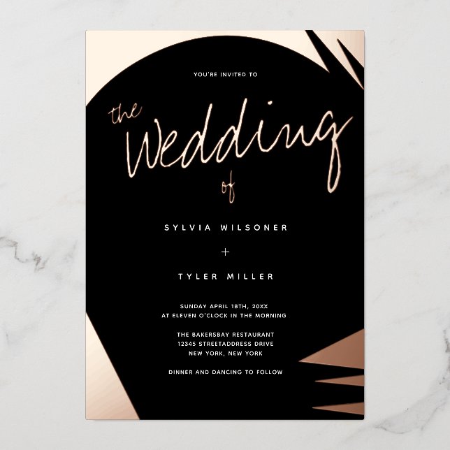 Abstrakte Rose Gold Burnt Orange Typografy Wedding Folieneinladung (Vorderseite)