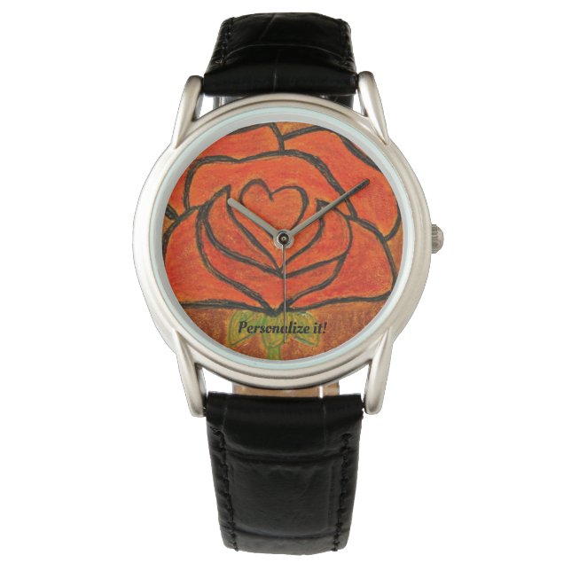 Abstrakte Rose "I Heart You" rot-schwarze Akzente Armbanduhr (Vorderseite)