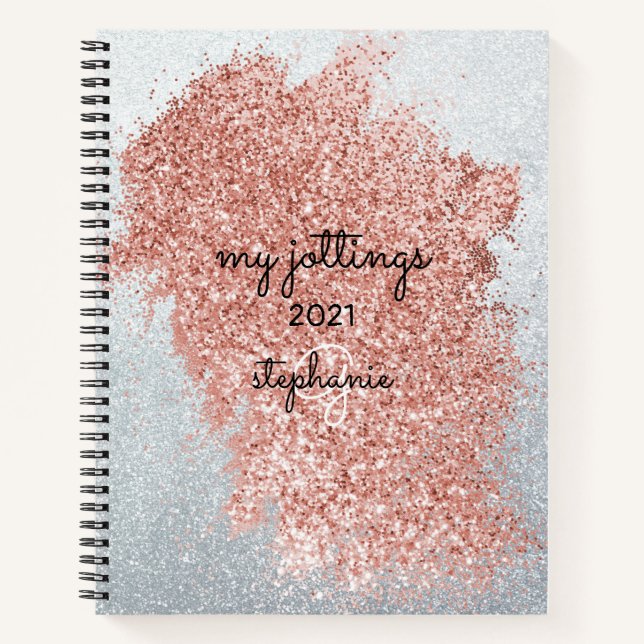 Abstrakte Rose Rosa Splash Silver Glitzer Monogram Notizbuch (Vorderseite)