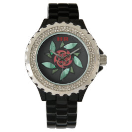 Abstrakte Rose - Rot auf Schwarz (Mit Monogramm) Armbanduhr