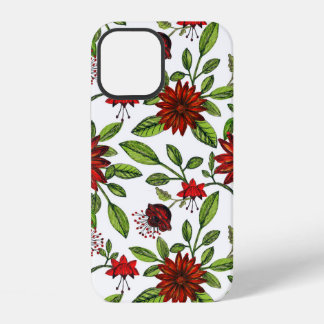 abstrakte rote Blumen und grüne Blätter auf weißem iPhone 12 Hülle