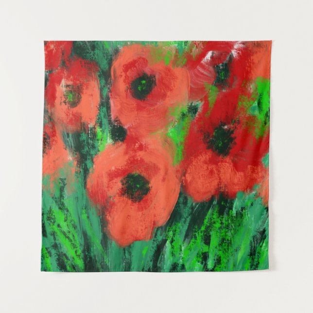 Abstrakte rote Mohnblumen-Blumenmalerei Wandteppich (Vorderseite)