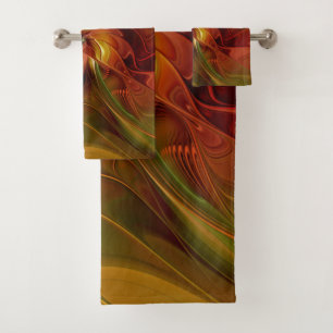 Abstrakte Rote Orange Braun Grünes Fraktal Kunst B Badhandtuch Set