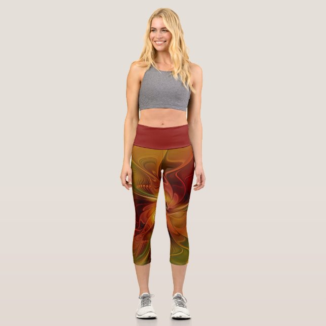 Abstrakte Rote Orange Braun Grünes Fraktal Kunst B Capri Leggings (Vorderseite)