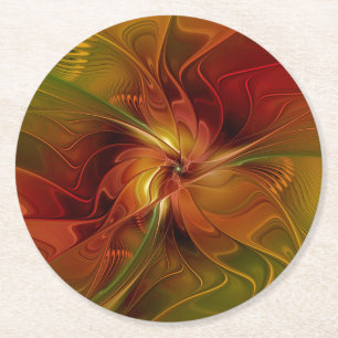 Abstrakte Rote Orange Braun Grünes Fraktal Kunst B Runder Pappuntersetzer
