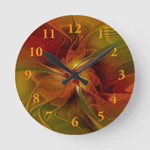 Abstrakte rote orangebraune grüne Fraktal-Kunst-Bl Runde Wanduhr