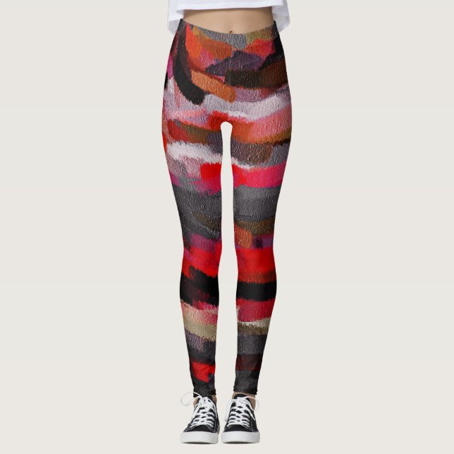 Abstrakte rote Orangenfarbe Leggings (Vorderseite)