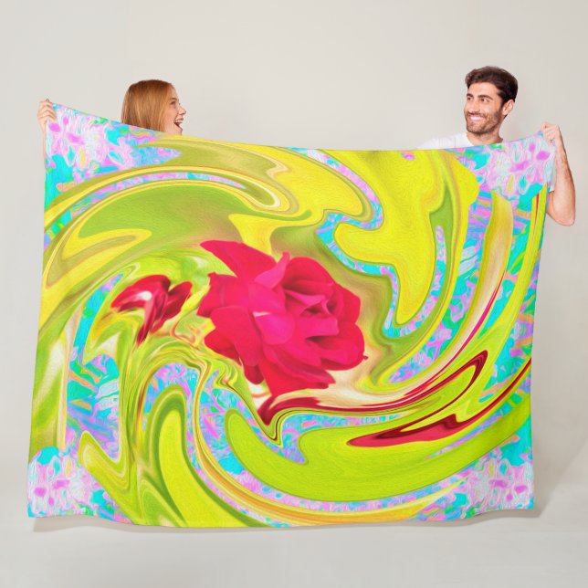Abstrakte Rote Rose auf Gelb und Aqua Swirl Fleecedecke (Beispiel)