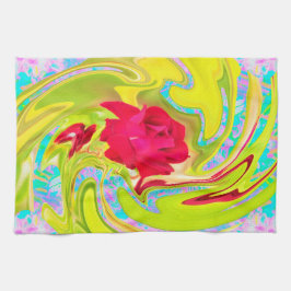 Abstrakte Rote Rose auf Gelb und Aqua Swirl Geschirrtuch