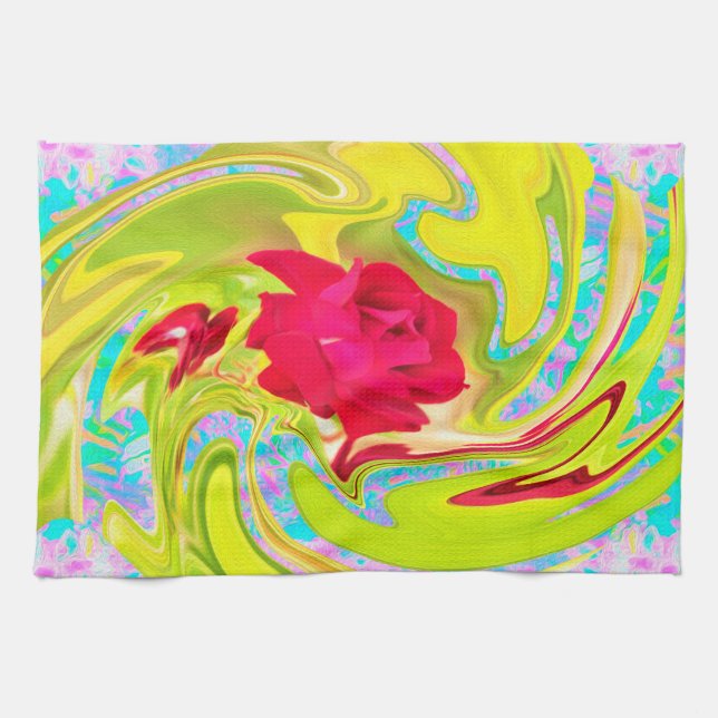 Abstrakte Rote Rose auf Gelb und Aqua Swirl Geschirrtuch (Horizontal)