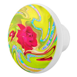 Abstrakte Rote Rose auf Gelb und Aqua Swirl Keramikknauf