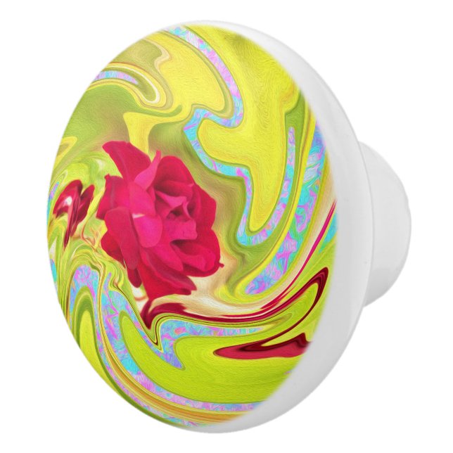 Abstrakte Rote Rose auf Gelb und Aqua Swirl Keramikknauf (Rechts)