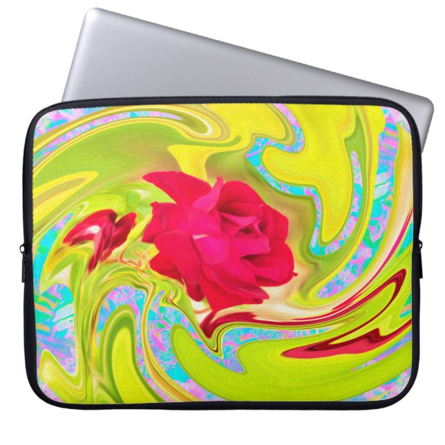 Abstrakte Rote Rose auf Gelb und Aqua Swirl Laptopschutzhülle (Vorderseite)