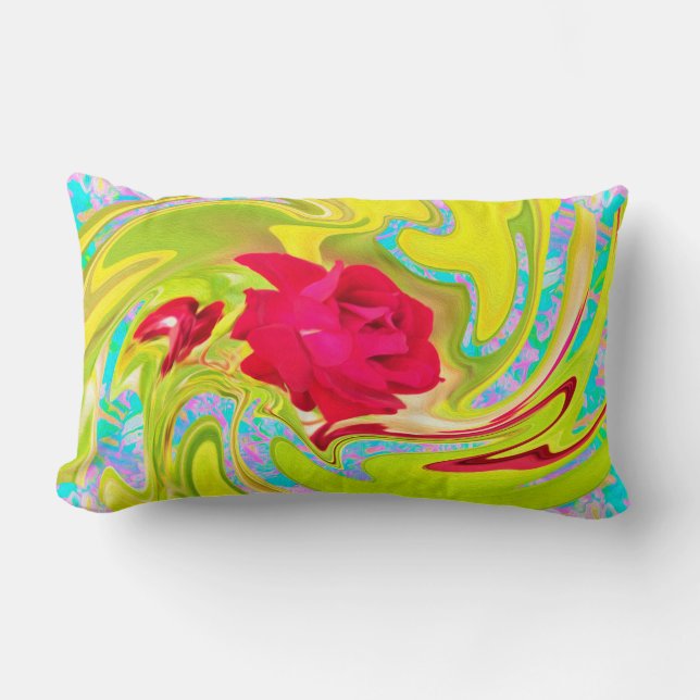 Abstrakte Rote Rose auf Gelb und Aqua Swirl Lendenkissen (Vorderseite)