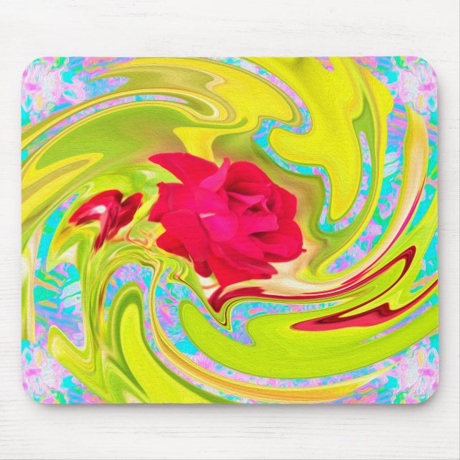 Abstrakte Rote Rose auf Gelb und Aqua Swirl Mousepad (Vorne)