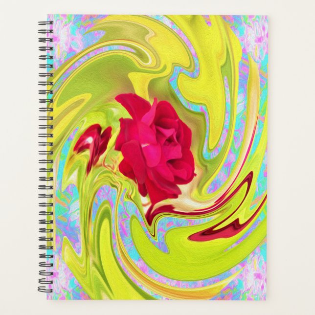 Abstrakte Rote Rose auf Gelb und Aqua Swirl Planer (Vorderseite)