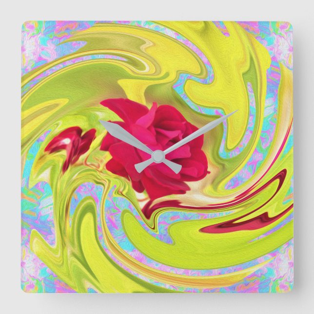 Abstrakte Rote Rose auf Gelb und Aqua Swirl Quadratische Wanduhr (Vorderseite)
