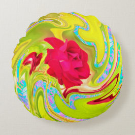 Abstrakte Rote Rose auf Gelb und Aqua Swirl Rundes Kissen