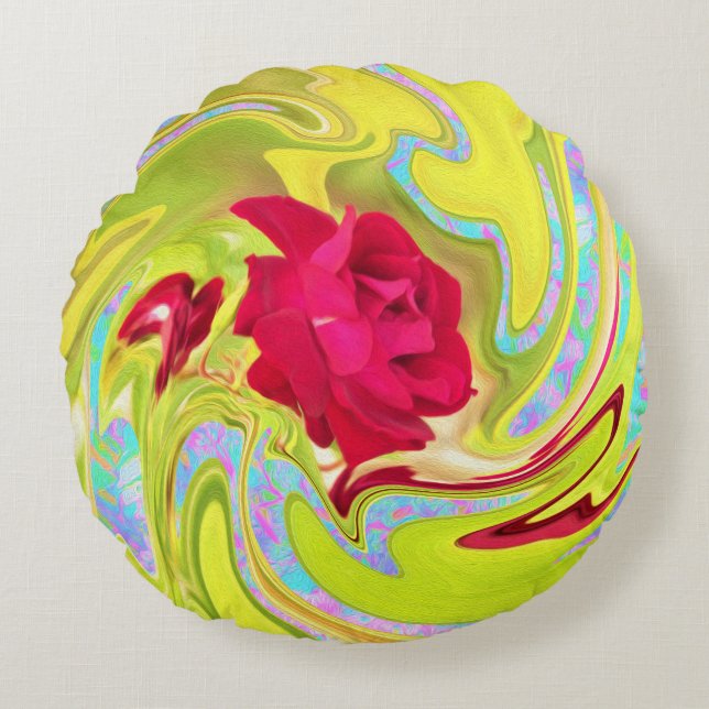 Abstrakte Rote Rose auf Gelb und Aqua Swirl Rundes Kissen (Vorderseite)