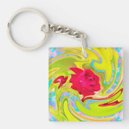 Abstrakte Rote Rose auf Gelb und Aqua Swirl Schlüsselanhänger