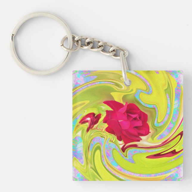 Abstrakte Rote Rose auf Gelb und Aqua Swirl Schlüsselanhänger (Vorderseite)