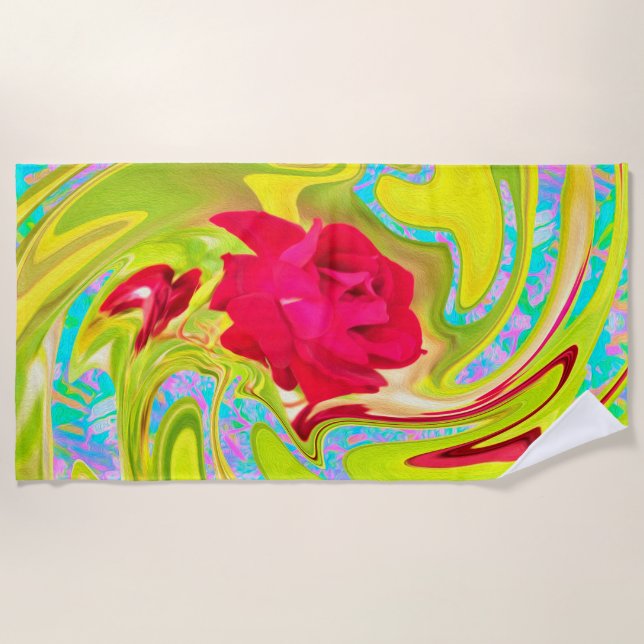 Abstrakte Rote Rose auf Gelb und Aqua Swirl Strandtuch (Vorderseite)