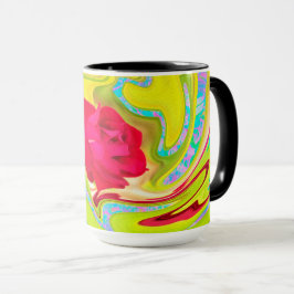 Abstrakte Rote Rose auf Gelb und Aqua Swirl Tasse