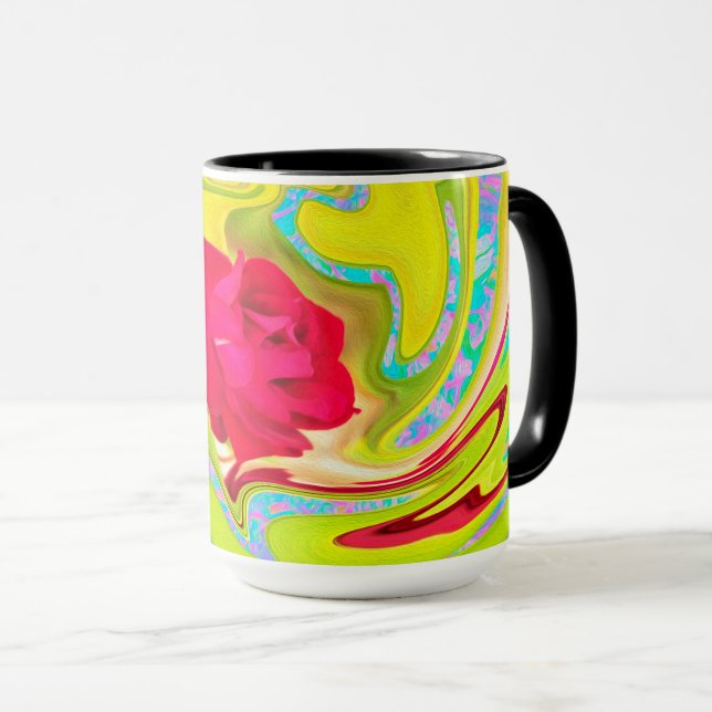 Abstrakte Rote Rose auf Gelb und Aqua Swirl Tasse (VorderseiteRechts)