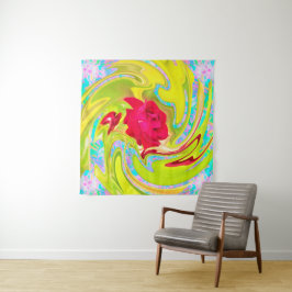 Abstrakte Rote Rose auf Gelb und Aqua Swirl Wandteppich