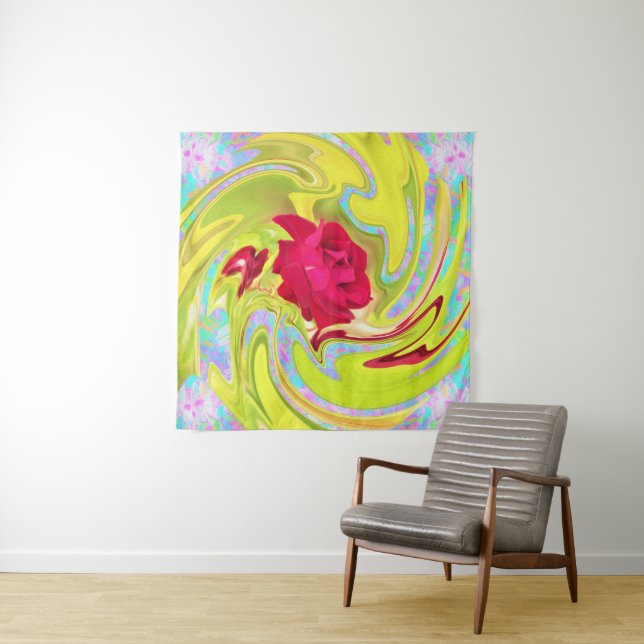 Abstrakte Rote Rose auf Gelb und Aqua Swirl Wandteppich (Beispiel)