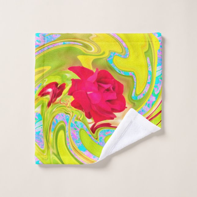 Abstrakte Rote Rose auf Gelb und Aqua Swirl Waschlappen (Waschlappen)