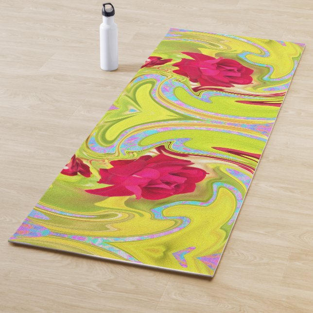 Abstrakte Rote Rose auf Gelb und Aqua Swirl Yogamatte (Beispiel)