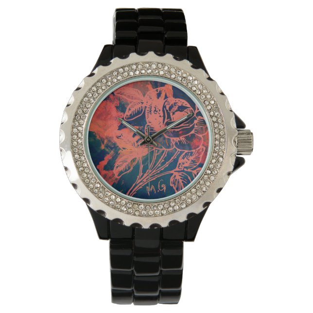 Abstrakte rote Rosen-Kunstmonogramm Armbanduhr (Vorderseite)