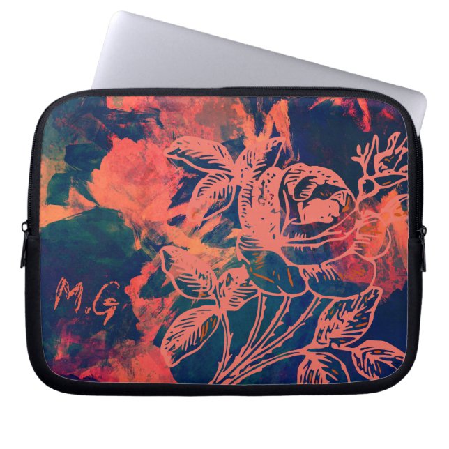 Abstrakte rote Rosen-Kunstmonogramm Laptopschutzhülle (Vorderseite)