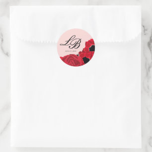 Abstrakte rote Rosen und Mohn-Hochzeit Runder Aufkleber