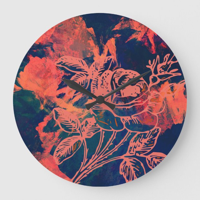 Abstrakte rote Rosenkunst Große Wanduhr (Vorderseite)