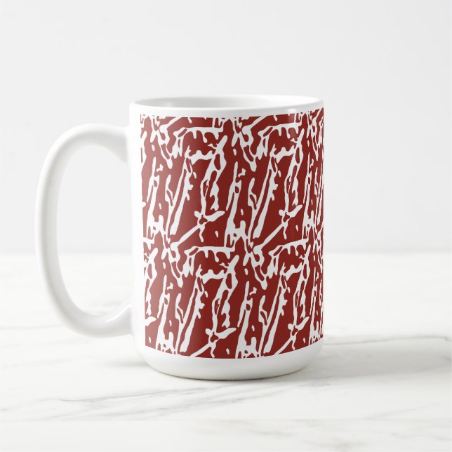Abstrakte, rote und orange Formen mischen sich und Kaffeetasse (Links)