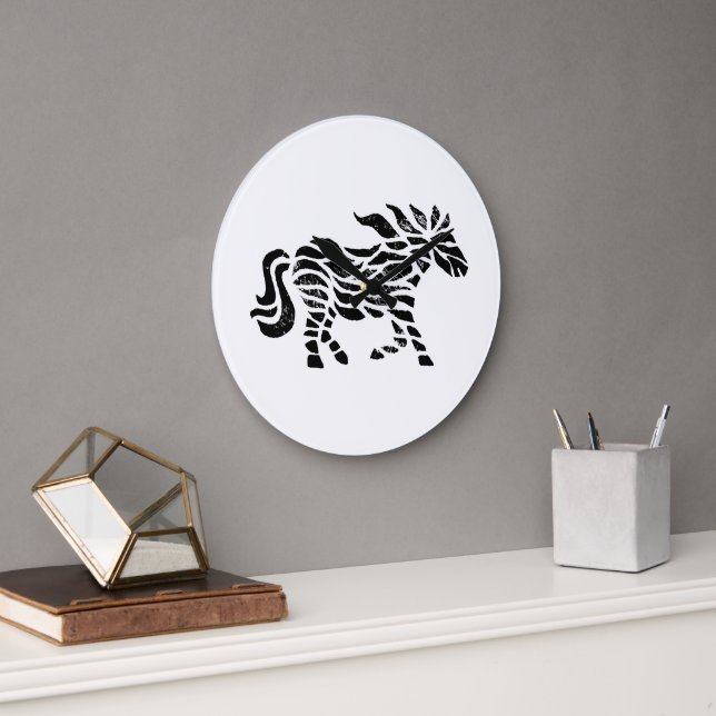 Abstrakte Running Horse Woodblock Print Große Wanduhr (Büro)