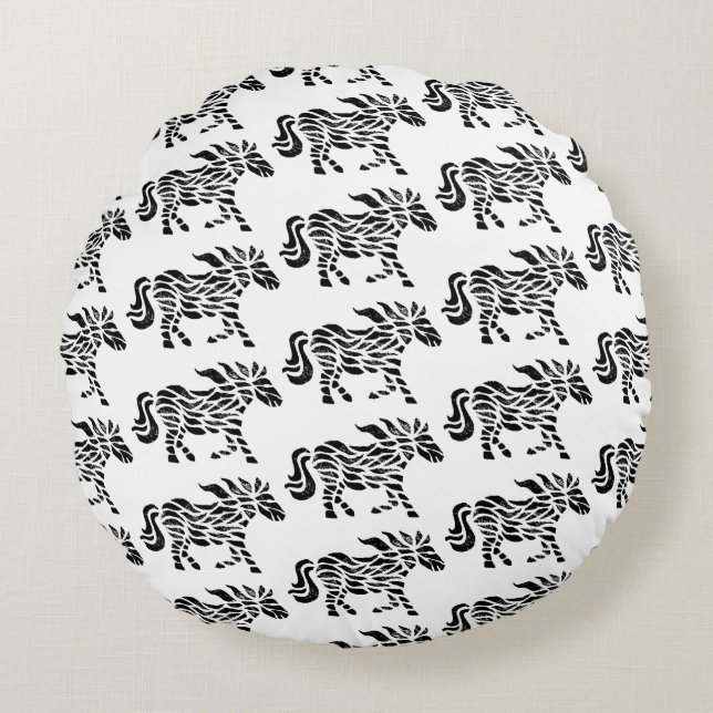 Abstrakte Running Horse Woodblock Print Rundes Kissen (Vorderseite)