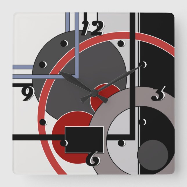 Abstrakte, schwarz-rote Malgeometrie Quadratische Wanduhr (Vorderseite)