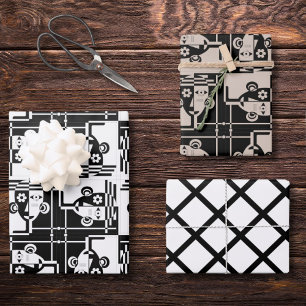 Abstrakte Schwarz-Weiß-Gesichter geometrisches Mus Geschenkpapier Set