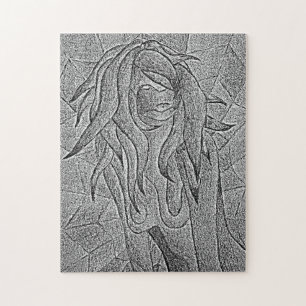 abstrakte Schwarz-Weiß-Kunst mit Damenretro Puzzle