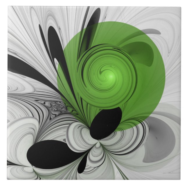Abstrakte Schwarz-Weiß-Kunst mit grüner Fractal-Ku Fliese (Vorderseite)