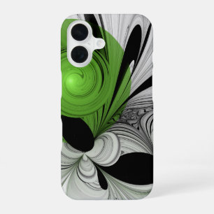 Abstrakte Schwarz-Weiß-Kunst mit grüner Fraktal-Ku iPhone 16 Hülle