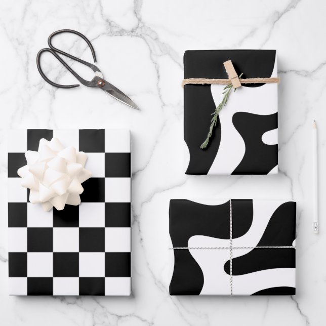 Abstrakte Schwarz-Weiß-Retro-Muster Geschenkpapier Set (Vorderseite)