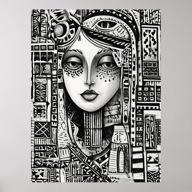 Abstrakte Schwarz-Weiße Gesichtslinien Kunst Minim Poster (Vorne)