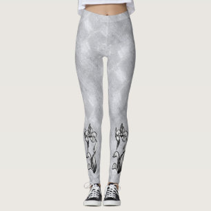 Abstrakte Schwarz-weiße Shine-Blumen auf Silber Leggings