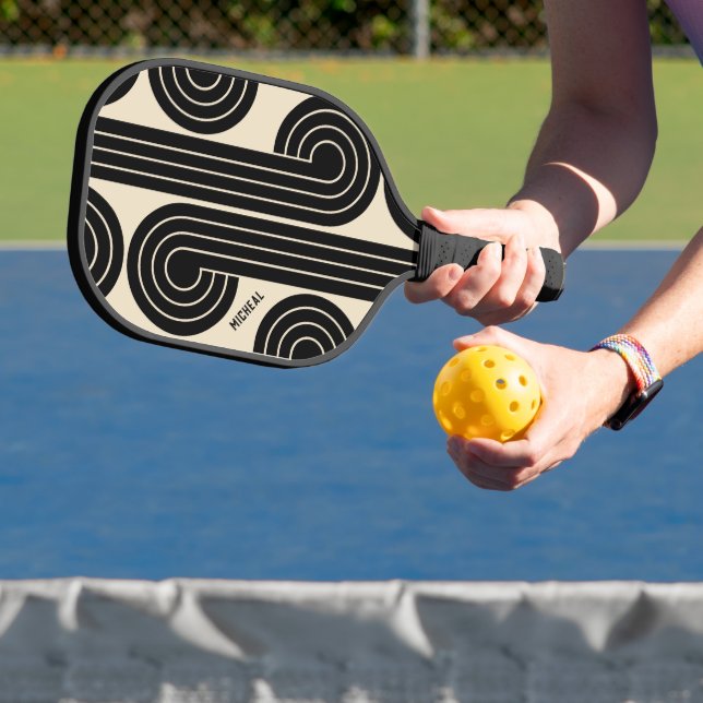 Abstrakte schwarze Retro-Linien Pickleball Schläger (InSitu)